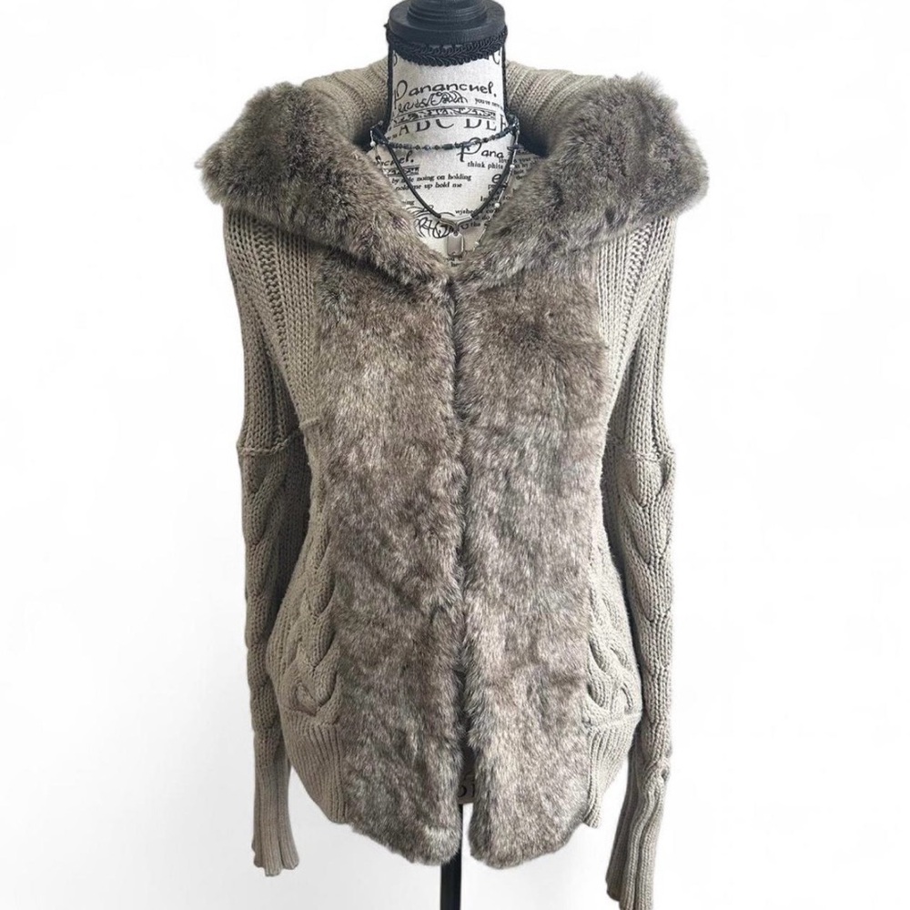 DKNY Cable Knit Sweater Faux Fur Trim